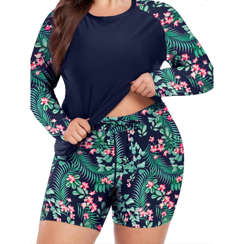 Plus Size 5XL Navy Tropical Floral Rash Guard Long Sleeve Swimsuit Set COJA008